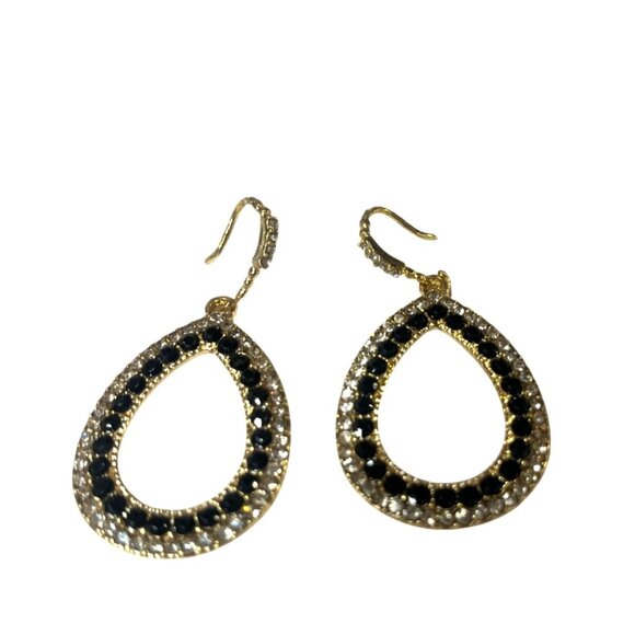 Gold-Toned Teardrop Earrings With Black & Clear Gemstone Accents - Picture 5 of 7